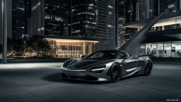 A luxury supercar parked in front of a modern skyscraper.