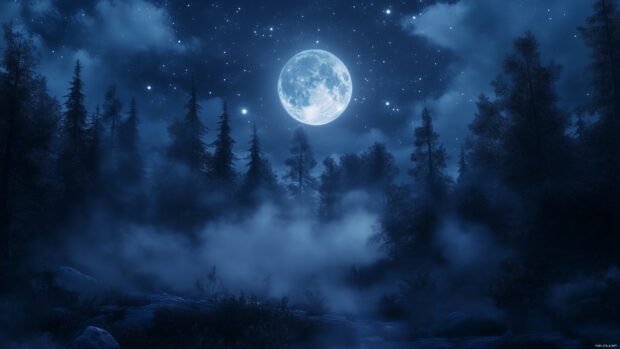 A magical night scene with the moon glowing softly above a misty forest, stars twinkling faintly in the background.