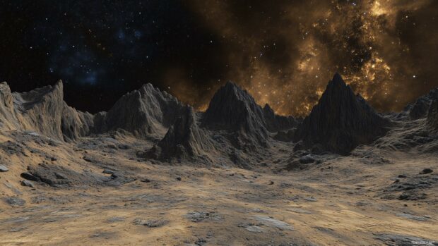 A majestic mountain range with sharp peaks under a vibrant starry night sky.
