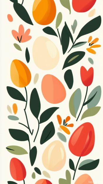 A minimalist Easter pattern with delicate flowers and pastel eggs, arranged vertically in a tile design.