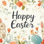 A minimalist Easter wallpaper with Happy Easter elegantly placed at the center, surrounded by soft light, gentle hues, and delicate Easter decorations