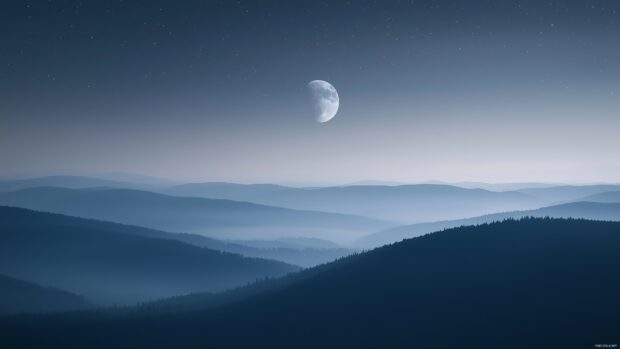 A minimalist landscape with the moon high in the sky and stars subtly glowing.