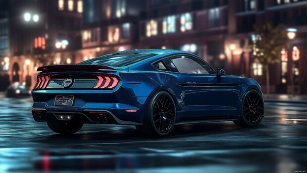 A modern Ford Mustang Mach 1 in dark blue, parked on a sleek urban street with city lights reflecting off its polished surface.