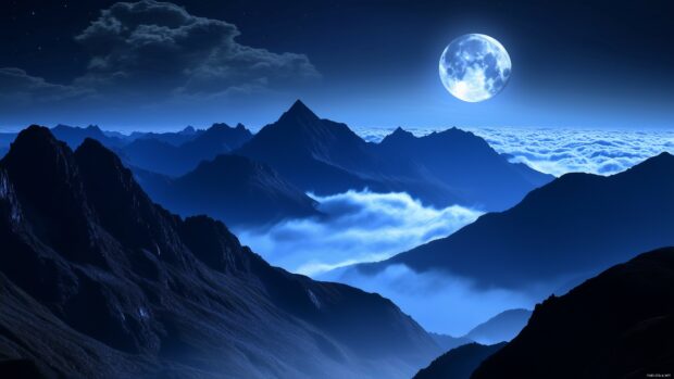 A mysterious mountain range illuminated by faint moonlight, with deep shadows and sharp contrasts.