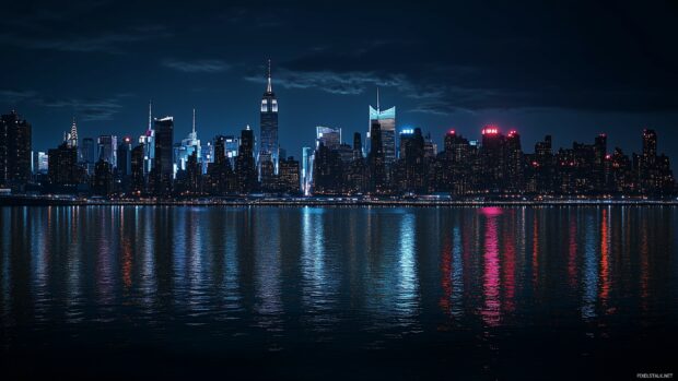 A night view of the New York City skyline from across the Hudson River.