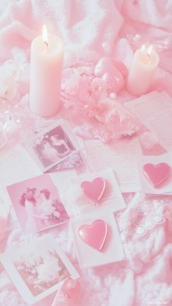 A pastel pink and white love aesthetic collage featuring Polaroid photos, love letters, heart shaped candles, and vintage postcards, with a soft, dreamy filter.