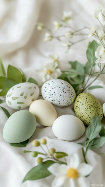 A peaceful Easter iPhone Wallpaper with an assortment of decorated eggs, fresh spring blooms, and green foliage, soft and inviting tones.