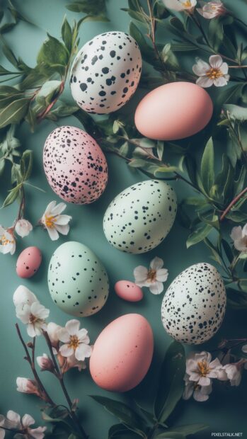 A peaceful Easter scene with an assortment of decorated eggs, fresh spring blooms, and green foliage.