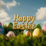 A peaceful Easter wallpaper with the words Happy Easter in elegant, flowing text, placed against a backdrop of green grass and colorful eggs