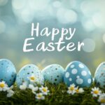 A peaceful, nature filled Easter scene with the words Happy Easter in elegant, flowing text, placed against a backdrop of green grass and colorful eggs
