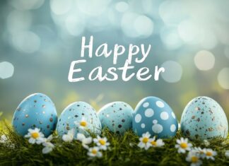 A peaceful, nature filled Easter scene with the words Happy Easter in elegant, flowing text, placed against a backdrop of green grass and colorful eggs.