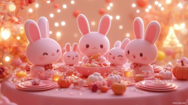 A pink Thanksgiving scene with a Kawaii style family of animals sharing a meal at a beautifully set table, with soft lighting and fall themed decor.