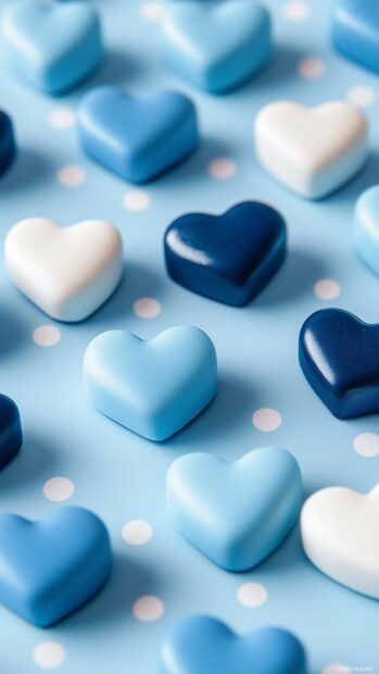 A playful arrangement of small blue hearts in various shades, set against a light blue polka dot background, creating a cheerful and whimsical atmosphere.