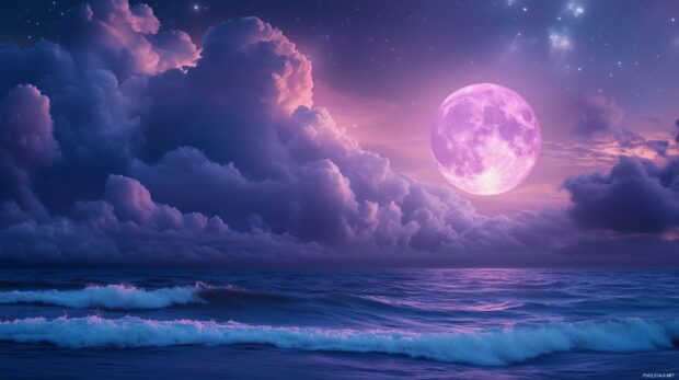 A purple moon glowing in a cloudy night sky.