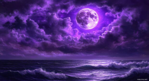 A purple moon glowing in a cloudy night sky, with beams of light piercing through the clouds.