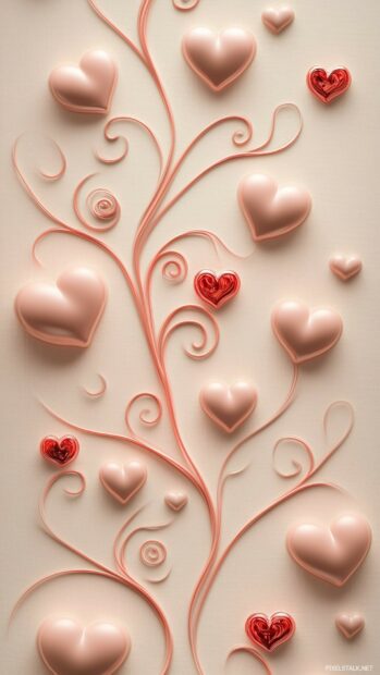 A repeating pattern of pink hearts with delicate swirls on a light beige background, creating a simple, elegant Valentine background.