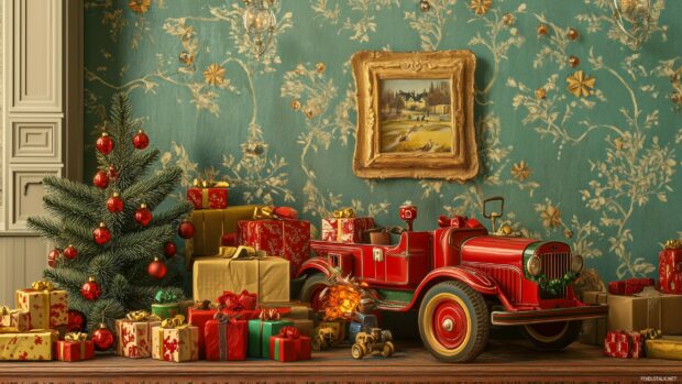 A retro Christmas advertisement showcasing vintage toys and gifts, beautifully arranged with festive decorations and traditional holiday colors, invoking a sense of nostalgia (2).