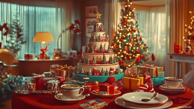 A retro Christmas advertisement showcasing vintage toys and gifts, beautifully arranged with festive decorations and traditional holiday colors, invoking a sense of nostalgia (3).