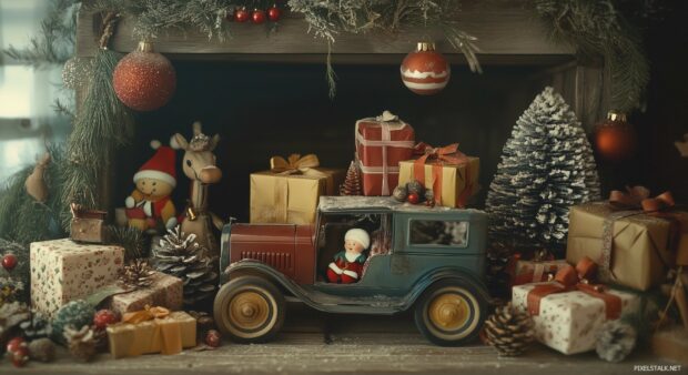 A retro Christmas advertisement showcasing vintage toys and gifts, beautifully arranged with festive decorations and traditional holiday colors, invoking a sense of nostalgia (5).