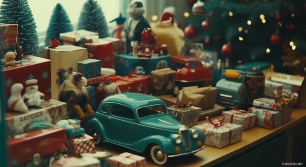 A retro Christmas advertisement showcasing vintage toys and gifts, beautifully arranged with festive decorations and traditional holiday colors, invoking a sense of nostalgia.