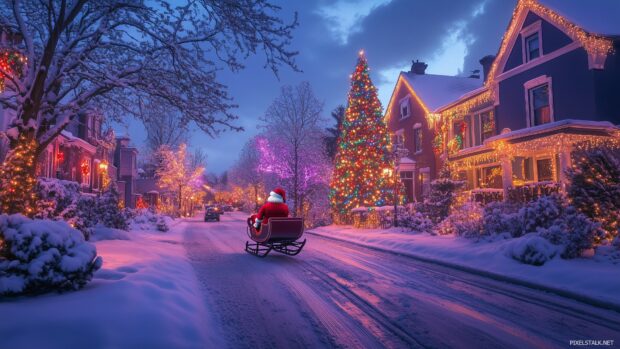 A retro Christmas wallpaper featuring a snowy street with a vintage Santa Claus on a sleigh, riding through a picturesque neighborhood lit up with colorful holiday decorations (2).