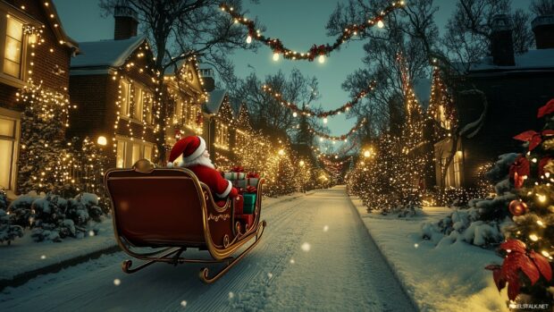 A retro Christmas wallpaper featuring a snowy street with a vintage Santa Claus on a sleigh, riding through a picturesque neighborhood lit up with colorful holiday decorations (3).