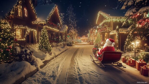 A retro Christmas wallpaper featuring a snowy street with a vintage Santa Claus on a sleigh, riding through a picturesque neighborhood lit up with colorful holiday decorations (4).
