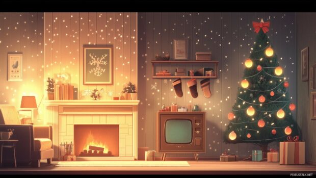 A retro Christmas wallpaper featuring a snowy street with a vintage Santa Claus on a sleigh, riding through a picturesque neighborhood lit up with colorful holiday decorations.