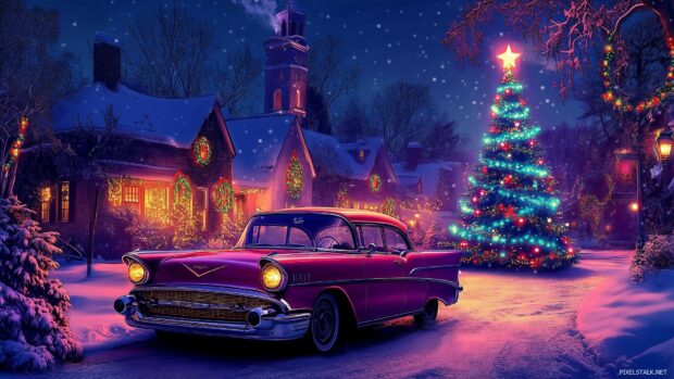A retro Christmas wallpaper featuring a vintage holiday scene with a snowy village, colorful lights, and a classic car adorned with a Christmas tree on the roof (2).