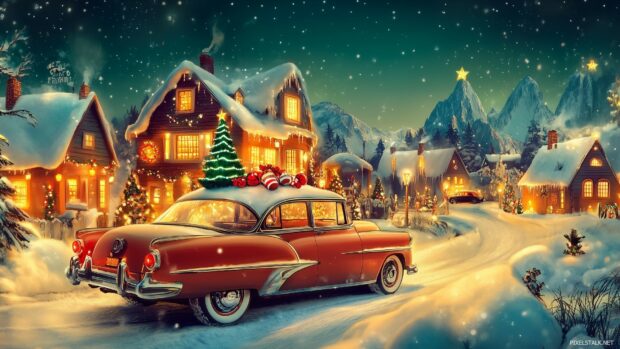 A retro Christmas wallpaper featuring a vintage holiday scene with a snowy village, colorful lights, and a classic car adorned with a Christmas tree on the roof (3).