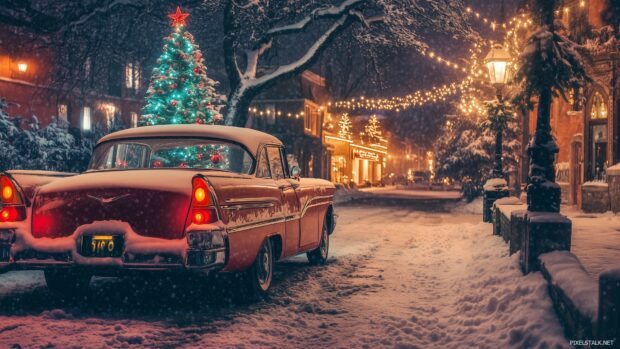 A retro Christmas wallpaper featuring a vintage holiday scene with a snowy village, colorful lights, and a classic car adorned with a Christmas tree on the roof.