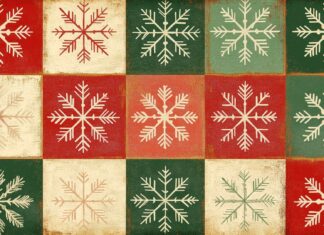 A retro Christmas wallpaper of a classic red and green Christmas card design with vintage typography, snowflakes, and a nostalgic holiday pattern (4).
