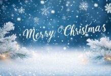 Snow-covered pine branches with glowing lights against a snowy background, Christmas wishes wallpaper.