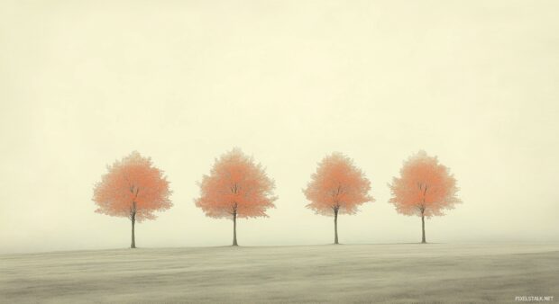 A simple autumn landscape with a vintage color palette, faded orange trees and a misty horizon.