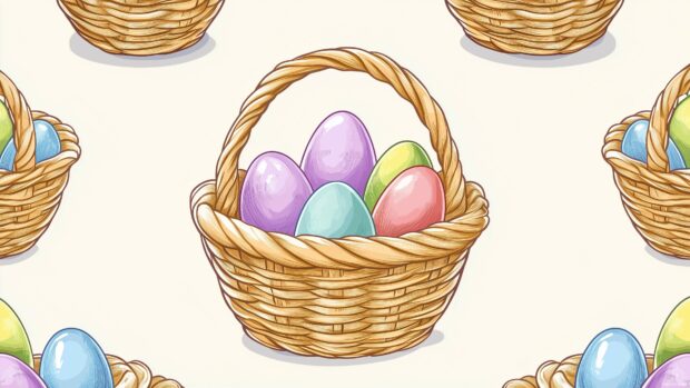 A simple background of Easter baskets filled with pastel colored eggs, with soft outlines and smooth curves in a vector tile design.