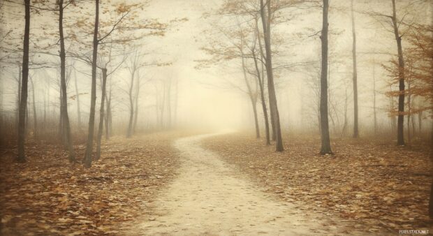 A simple pathway through a fall forest with faded trees and scattered leaves.