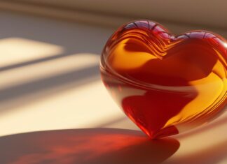 A single large 3D heart with a smooth, glossy surface, floating against a minimalist background, with soft lighting creating subtle reflections and depth.