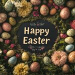 A springtime Easter egg hunt scene with the text Happy Easter at the center, surrounded by decorative eggs and blooming flowers