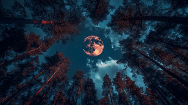 A stunning night sky 4K wallpaper with the moon in its waxing gibbous phase, framed by tall pine trees reaching up toward the heavens, with a few clouds drifting by.