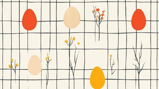 A subtle repeating pattern of soft pastel colored eggs and small flowers arranged in tiles, with a simple, linear vector art style.