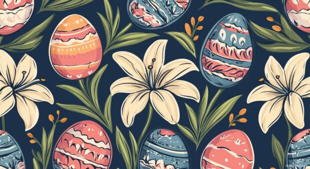 A symmetrical pattern of soft Easter lilies and decorated eggs arranged in a seamless tile design.