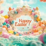 A vibrant Easter wallpaper with colorful eggs and spring flowers surrounding the text Happy Easter in the center, soft pastel hues filling the background