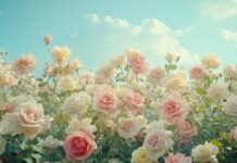 A vibrant garden filled with blooming roses of various colors, captured from a low angle to emphasize their grandeur against a blue sky.