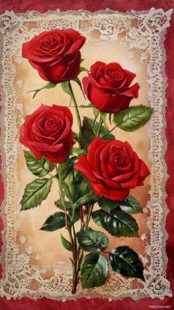 A vintage Valentines card collection with delicate lace patterns, roses, and calligraphy, arranged artistically.