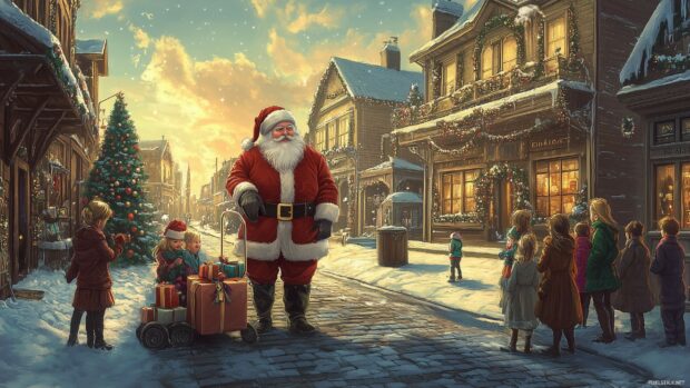 A vintage illustration of Santa Claus delivering gifts in a quaint town, surrounded by children eagerly waiting, with soft pastel colors and intricate details reminiscent (2).