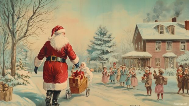 A vintage illustration of Santa Claus delivering gifts in a quaint town, surrounded by children eagerly waiting, with soft pastel colors and intricate details reminiscent (3).