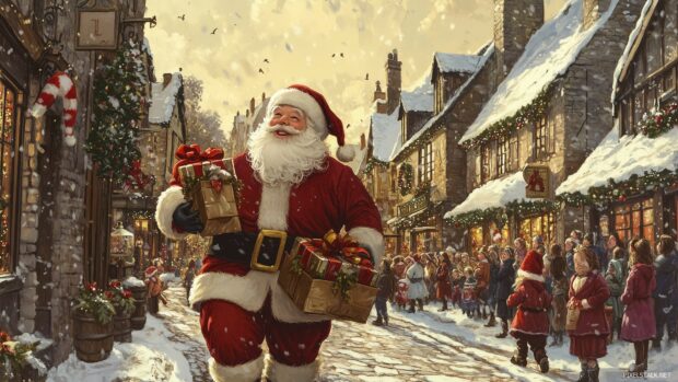 A vintage illustration of Santa Claus delivering gifts in a quaint town, surrounded by children eagerly waiting, with soft pastel colors and intricate details reminiscent (5).