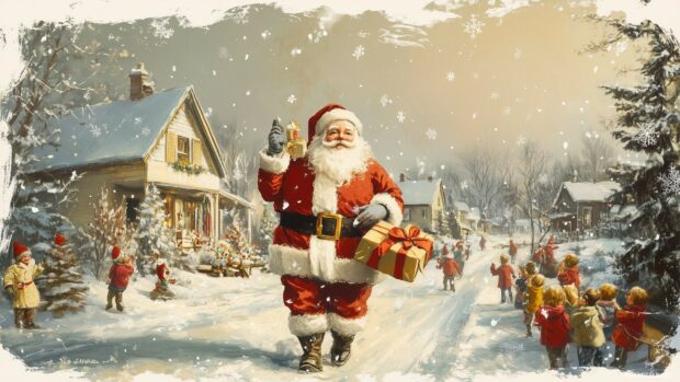 A vintage illustration of Santa Claus delivering gifts in a quaint town, surrounded by children eagerly waiting, with soft pastel colors and intricate details reminiscent.