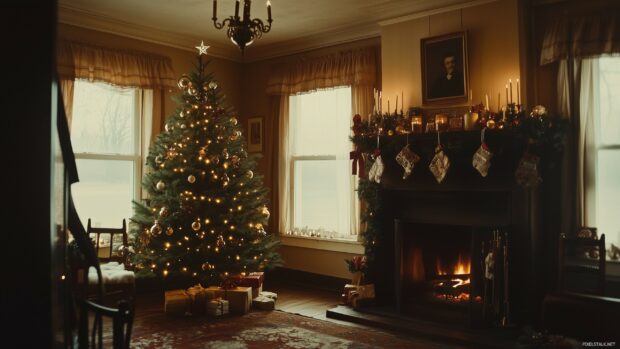 A vintage inspired Christmas scene featuring a cozy living room with a decorated tree, flickering candles, and a warm fireplace, all adorned with classic holiday decorations (2).