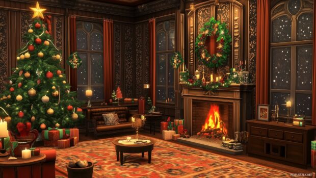 A vintage inspired Christmas scene featuring a cozy living room with a decorated tree, flickering candles, and a warm fireplace, all adorned with classic holiday decorations (3).